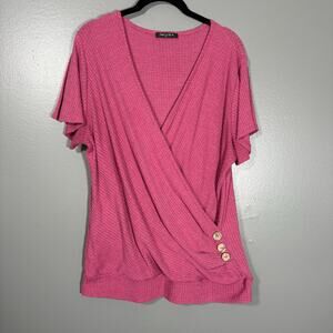 Iliad USA Women's Boho Pink Faux Wrap Waffle Knit Top - Size XL - Button Accent